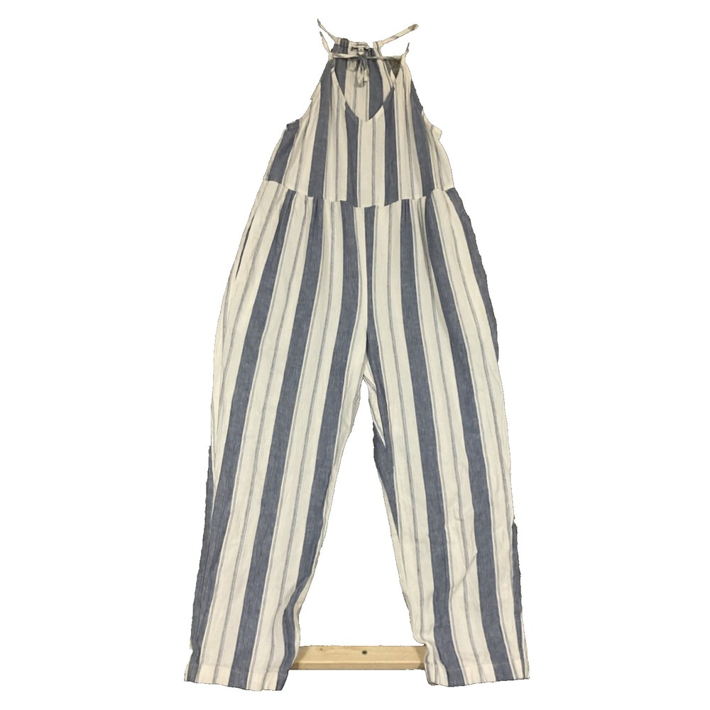 MADEWELL Wide Striped Pull On Coastal Jumpsuit Linen Blend Ivory Slate Blue XS